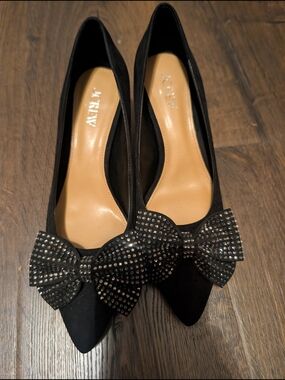 J. Crew Black Pointed-Toe Heels with Crystal Bow Accent